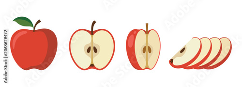 Foto Red Apple Variety: A set of fresh red apples presented whole, halved, and sliced