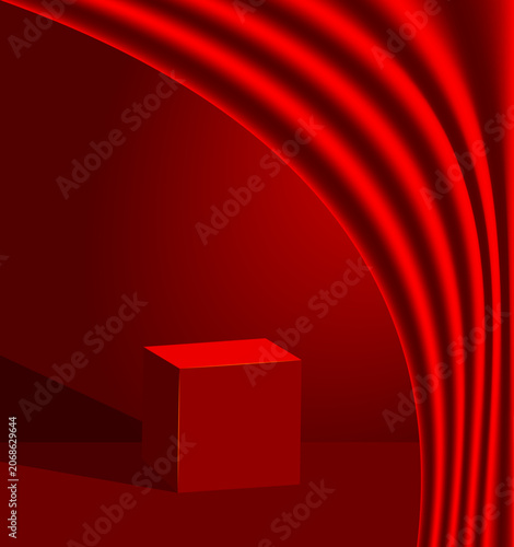 3D rendering of a red stage podium designed for product display. podium stand situated in front of luxurious red velvet curtains.  used as a decorative background for Valentine's, Christmas, etc.