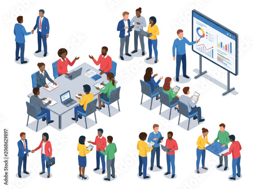Diverse Business Team Professionals Collaborating on Corporate Projects and CAD Blueprint Analysis in Modern Isometric Office Environments