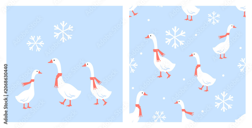 Fototapeta premium Cute winter goose seamless pattern with red scarves and snowflakes on pastel blue background, charming holiday bird illustration for nursery, fabric and seasonal decor.