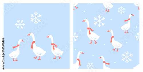 Cute winter goose seamless pattern with red scarves and snowflakes on pastel blue background, charming holiday bird illustration for nursery, fabric and seasonal decor.