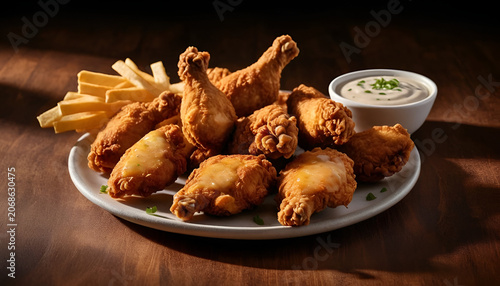 Fried chicken drumsticks sit on a white plate with french fries and a small bowl of creamy dipping sauce.