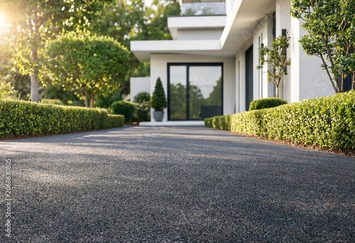 Crisp close-up DSLR view of fresh black asphalt driveway in front of modern luxury house, bright sunlight, green hedges, minimal architecture, soft depth background.