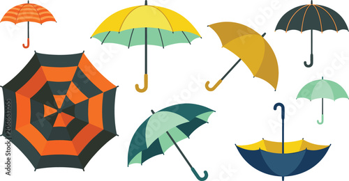 Konstfotografi Colorful Umbrella Vector Element Set with Yellow Orange and Teal Parasols for Au