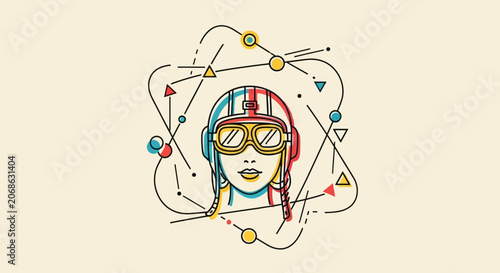 Retro Aviator Woman Portrait with Geometric Abstract Elements, Vintage Style