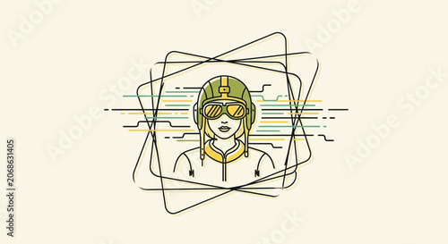 Retro Aviator Woman Portrait with Geometric Abstract Background