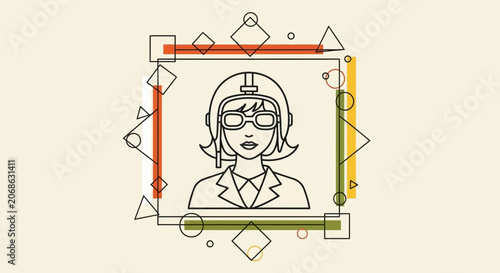 Retro Aviator Woman Portrait, Geometric Frame, Vintage Style, Minimalist Illustration
