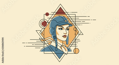 Retro Aviator Woman Portrait, Geometric Art, Vintage Style