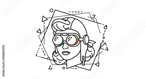 Retro Aviator Woman Portrait, Geometric Shapes, Vintage Style, Line Art Illustration