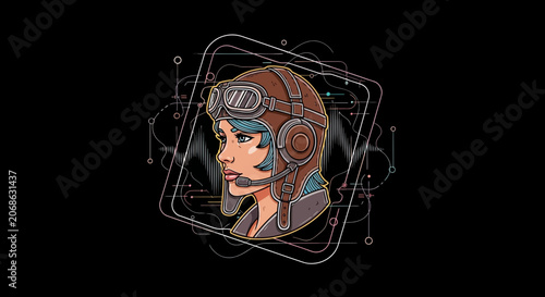 Retro Aviator Woman Portrait, Vintage Pilot Goggles and Headset, Sci-Fi Elements