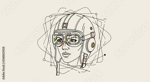 Retro Aviator Woman Portrait, Vintage Helmet and Goggles, Sci-Fi Elements