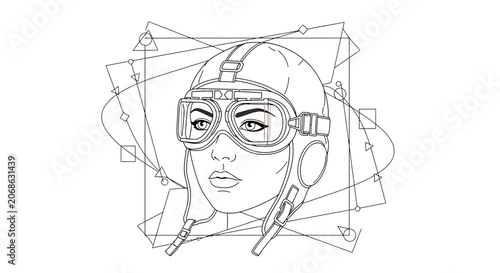 Retro Aviator Woman Portrait, Vintage Pilot Goggles, Geometric Abstract Background, Line Art