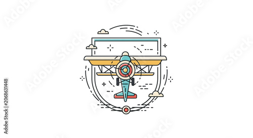 Retro Biplane Flying Over Laptop Screen with Abstract Circular Lines and Clouds