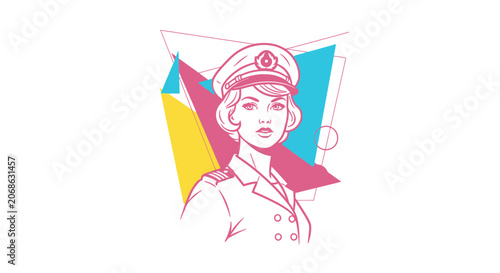 Retro Female Captain Portrait, Geometric Abstract Background, Pop Art Style