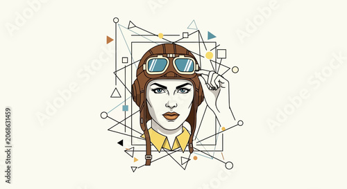 Retro female aviator with goggles and helmet, geometric abstract background
