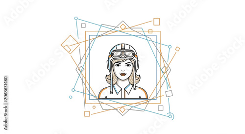 Retro Female Pilot Portrait with Geometric Frame
