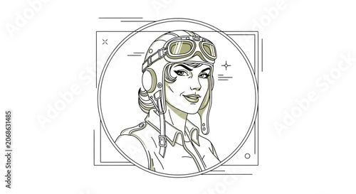 Retro Female Pilot Portrait, Vintage Aviation Style, Confident Woman in Aviator Hat and Goggles