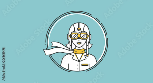 Retro Female Pilot Icon with Goggles and Scarf, Vintage Aviation Style