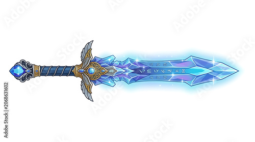 Fantasy crystal sword with blue gemstones