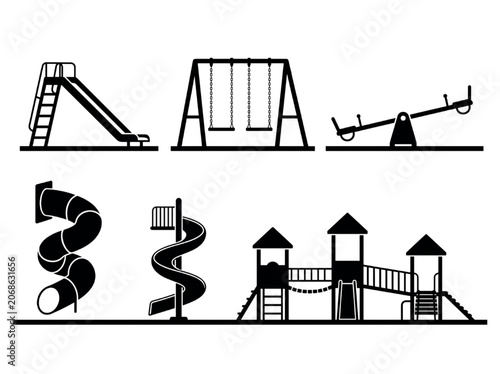 Obraz na plátně Playground equipment CAD silhouette vector icon set containing swing slide see-s