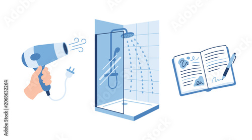 Hair Dryer, Shower, and Open Notebook with Pen - Daily Routine and Self-Care Icons