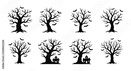 Εκτύπωση καμβά Bare tree silhouettes with bats and haunted houses black vector illustration on