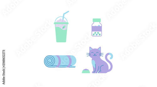 Cute Pastel Icons: Smoothie, Pills, Yoga Mat, and Cat - Isolated on White Background