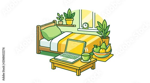 Cozy Bedroom Workspace with Laptop, Fruit Bowl, and Plants - Illustration