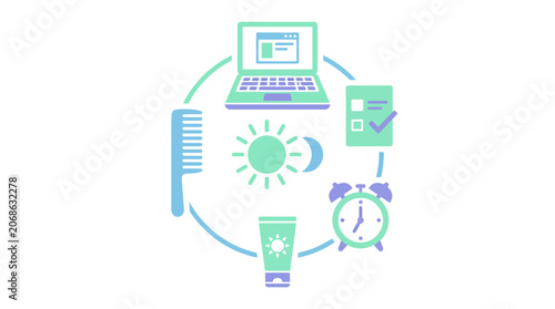Daily Routine Icons: Skincare, Work, Grooming, Sleep, and Time Management Cycle