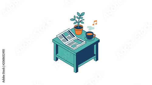 Cozy morning routine: newspaper, coffee, and plant on a side table, isometric illustration.