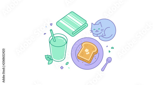 Cute cartoon cat sleeping next to breakfast toast, drink and towel. Cozy morning scene.