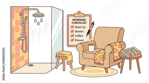 Cozy Morning Routine: Shower, Coffee, Checklist, Armchair, Newspaper, Steam