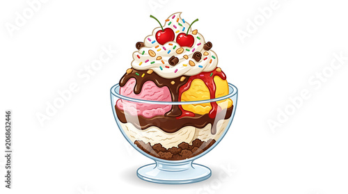 Colorful ice cream sundae with whipped cream and cherries in a glass bowl