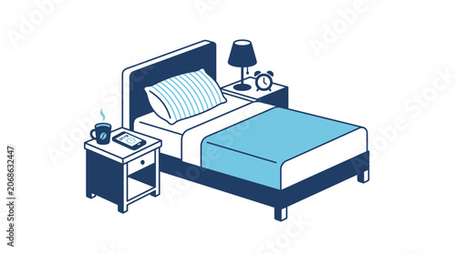 Cozy Bedroom Scene with Bed, Nightstand, Lamp, Alarm Clock, and Coffee Mug