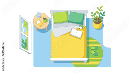 Cozy Bedroom Interior Top View: Bed, Window, Plant, Book, Coffee, Slippers