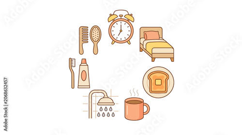 Morning Routine Icons: Bed, Alarm, Shower, Coffee, Toast, Toothbrush, Comb