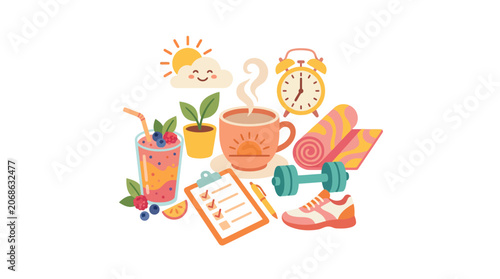 Healthy Morning Routine: Coffee, Smoothie, Workout Gear, Checklist, Alarm Clock, Sunrise