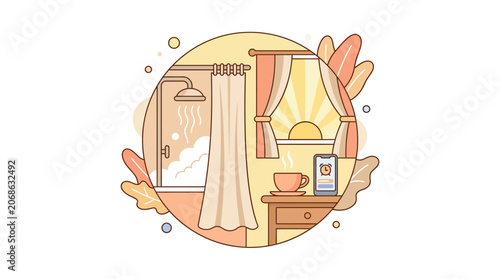 Morning routine: Shower, sunrise, coffee, and phone check in cozy illustration