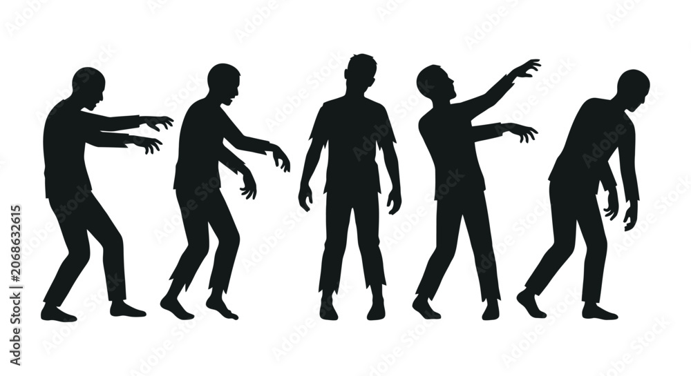 Fototapeta premium Zombie silhouettes in various poses black shapes against a white background zombies undead monster monsters