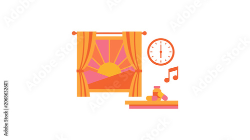 Sunrise Morning Routine: Window View, Clock, Medication, Music Notes
