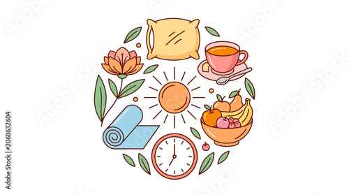 Healthy Lifestyle Circle Icon Set - Sleep, Yoga, Tea, Fruit, Sun, Flower, Clock