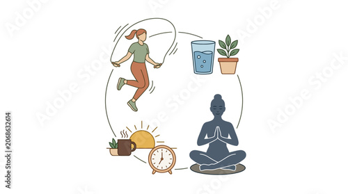 Healthy Lifestyle Cycle: Exercise, Hydration, Mindfulness, Morning Routine