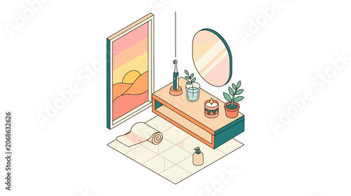 Cozy Isometric Bathroom Scene with Art and Plants