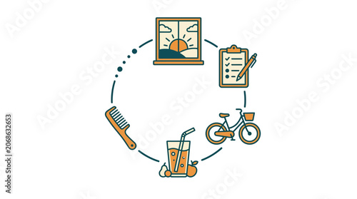 Daily Routine Circle Icon Concept: Morning, Health, Exercise, Grooming, Planning