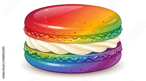 Vibrant rainbow macaron with creamy filling on white background