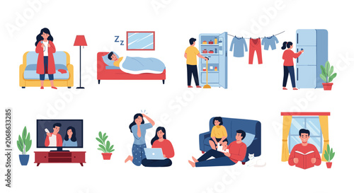 Diverse collection of people engaged in daily home activities such as sleeping, cooking, watching television, and working.
