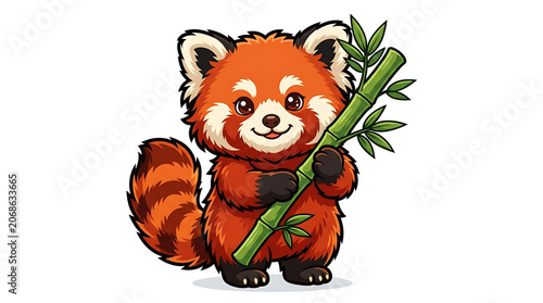 Cute red panda holds bamboo stick smiling