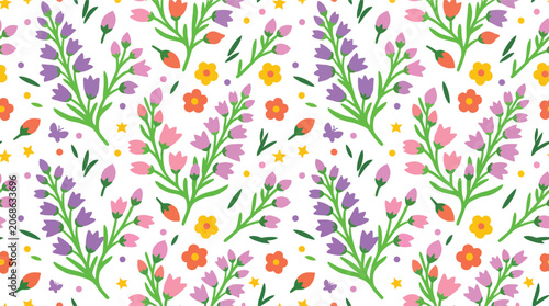 Fotografie Seamless Spring Floral Pattern with Colorful Wildflowers and Green Leaves on Whi