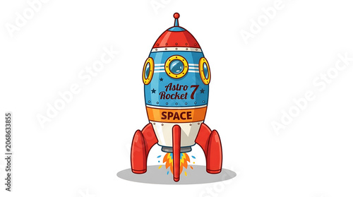 Colorful cartoon rocket ship blasting off into space