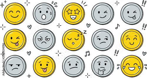 Cute cartoon gold and silver coin emoji face vector icon set featuring various funny expressions emotions smile wink happy angry sad isolated graphic elements.